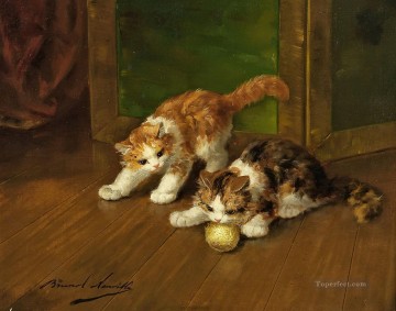 chatons jouant un point d’écoute Alfred Brunel de Neuville Peinture à l'huile